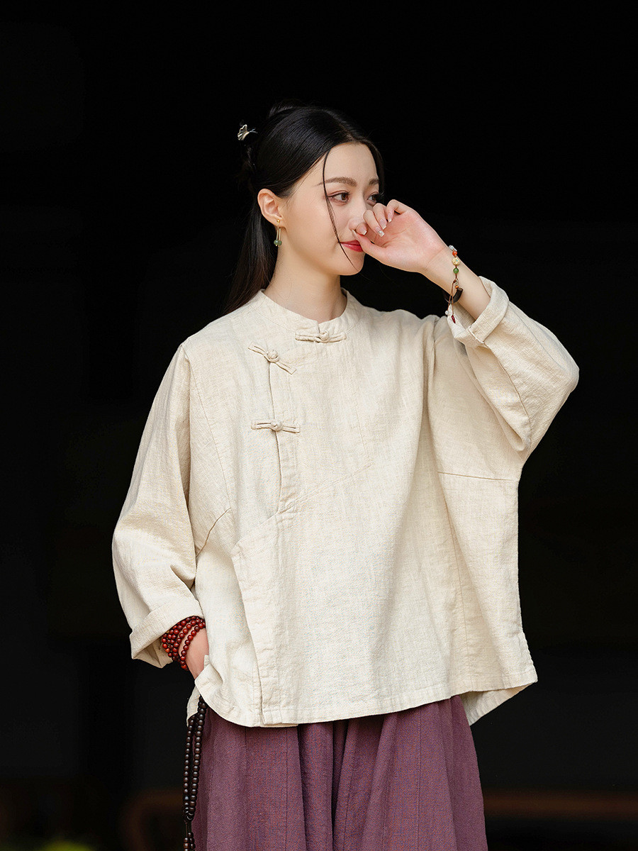 禅スタイル斜襟立領リネンシャツ綿麻トップス メンズ 春夏 文芸復古 砂洗い加工 8329