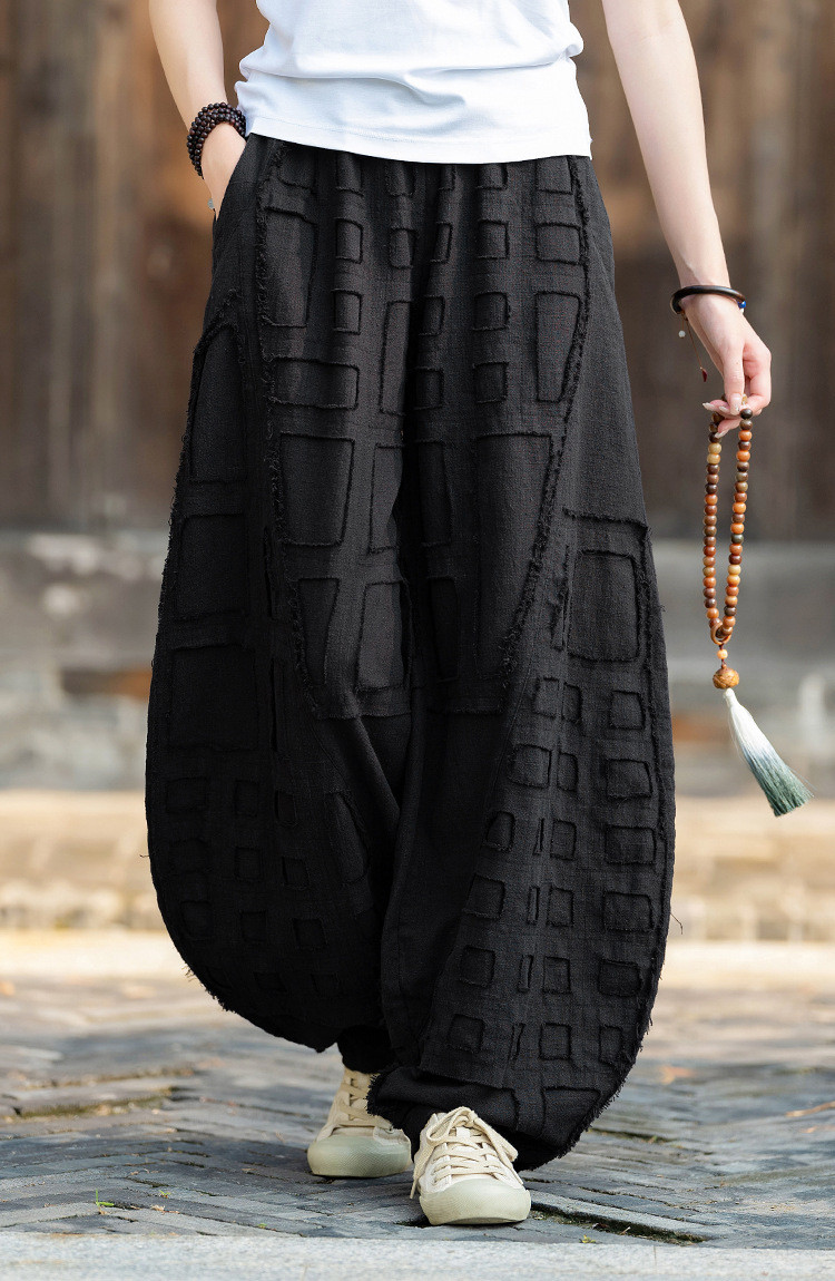 【オリジナルデザイン】苎麻ワイドパンツ 自然毛立ちロングパンツ ＃黒色