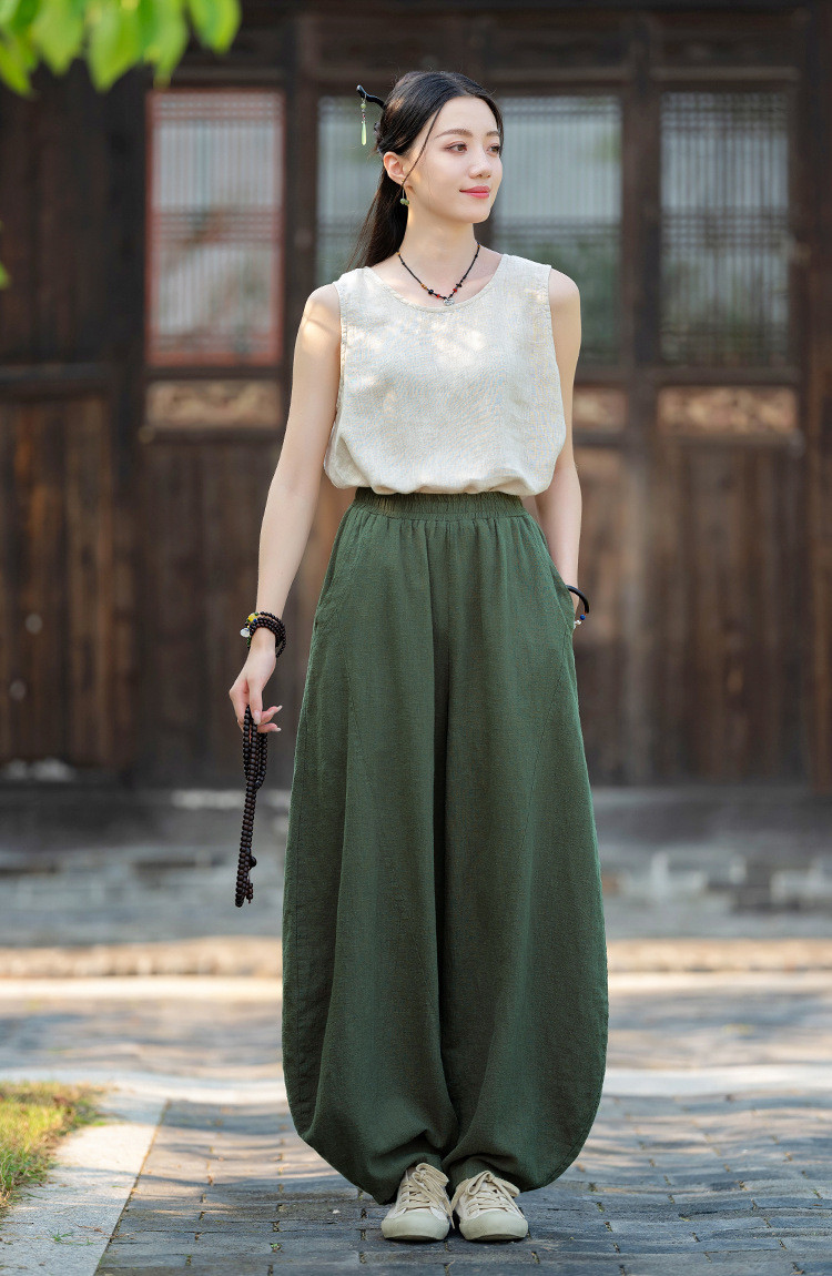 禅風リネンコットン灯籠パンツ｜ワイドシルエット 綿麻 ゆったり 春夏ボトムス 6211