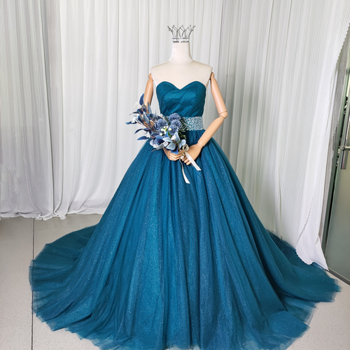 送料無料！カラードレス ベアトップ ブルー クラシカル ハンドメイド A