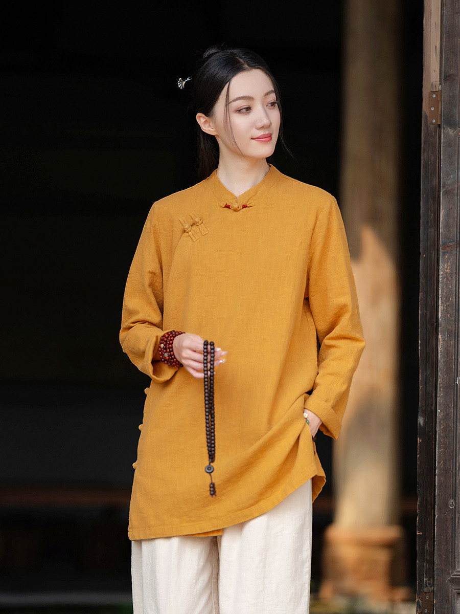 砂洗い加工 禅スタイル リネンコットン斜襟盤扣トップス 8321