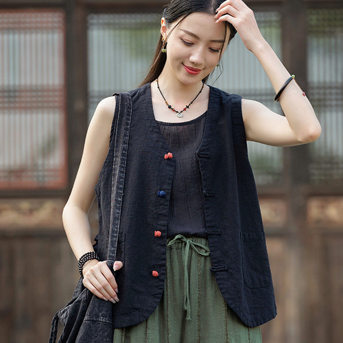 チャイナ風盤扣ベスト｜国風リネンコットン 綿麻トップス 春夏 メンズ