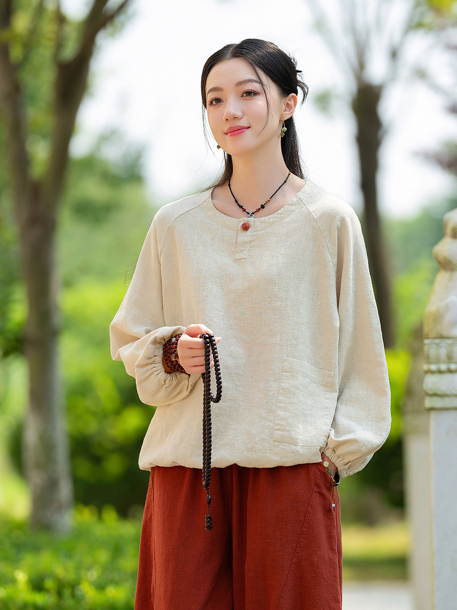 復古ラミー麻シャツ ラウンドネックTシャツ　＃麻色