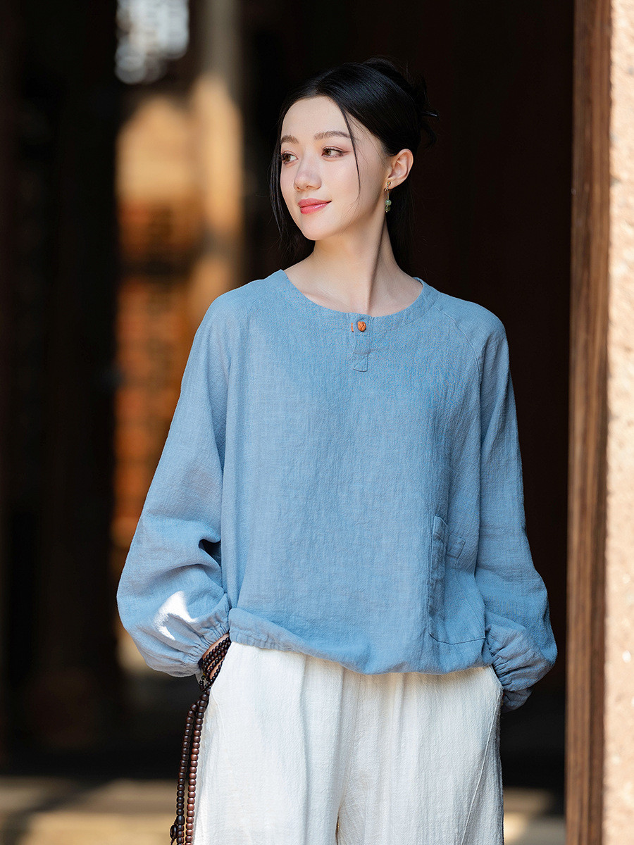 復古ラミー麻シャツ ラウンドネックTシャツ　＃水色