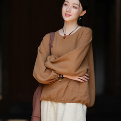 復古苧麻麻襯衫圓領T卹#brown 第5張的照片