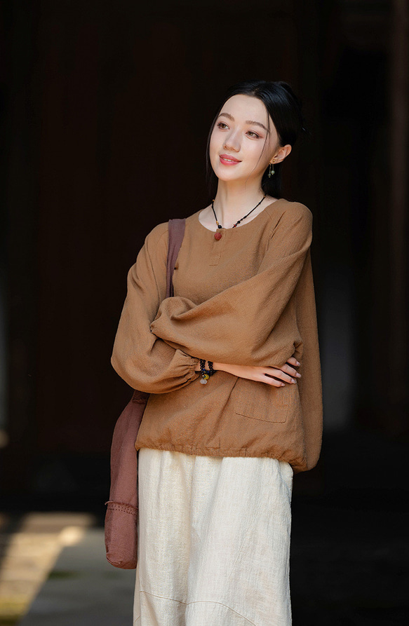 復古苧麻麻襯衫圓領T卹#brown 第5張的照片