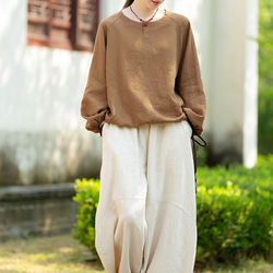 復古苧麻麻襯衫圓領T卹#brown 第10張的照片