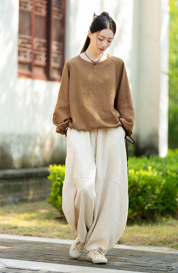 復古苧麻麻襯衫圓領T卹#brown 第10張的照片