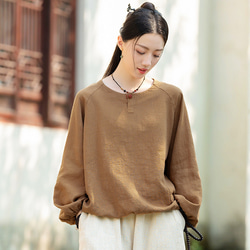 復古苧麻麻襯衫圓領T卹#brown 第6張的照片