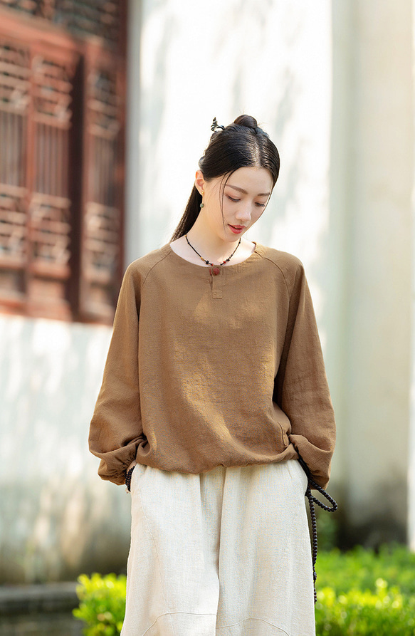 復古苧麻麻襯衫圓領T卹#brown 第6張的照片