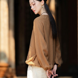 復古苧麻麻襯衫圓領T卹#brown 第3張的照片