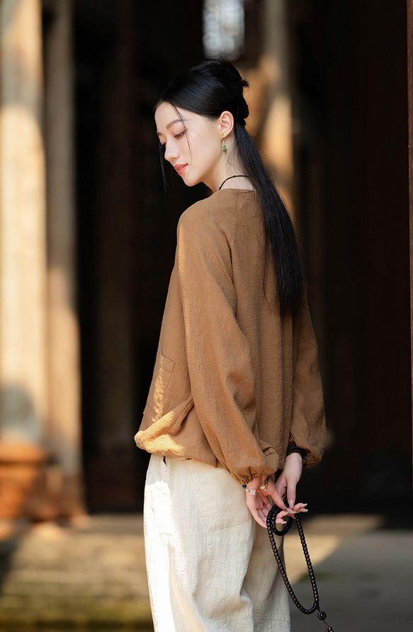 復古苧麻麻襯衫圓領T卹#brown 第3張的照片