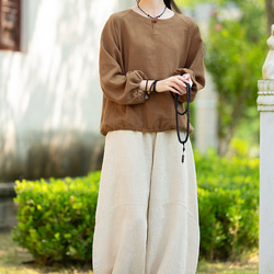 復古苧麻麻襯衫圓領T卹#brown 第11張的照片