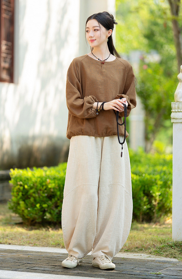 復古苧麻麻襯衫圓領T卹#brown 第11張的照片