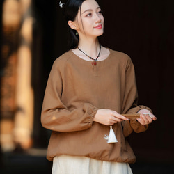 復古苧麻麻襯衫圓領T卹#brown 第1張的照片