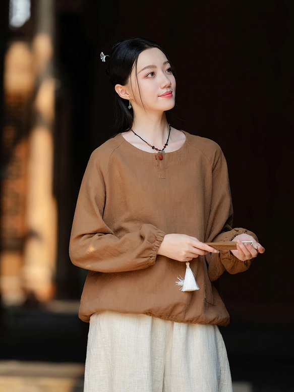 復古苧麻麻襯衫圓領T卹#brown 第1張的照片