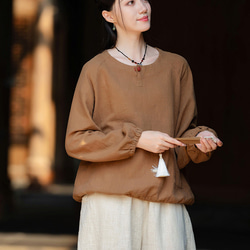 復古苧麻麻襯衫圓領T卹#brown 第8張的照片