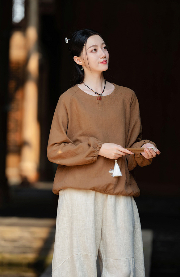 復古苧麻麻襯衫圓領T卹#brown 第8張的照片