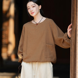 復古苧麻麻襯衫圓領T卹#brown 第2張的照片