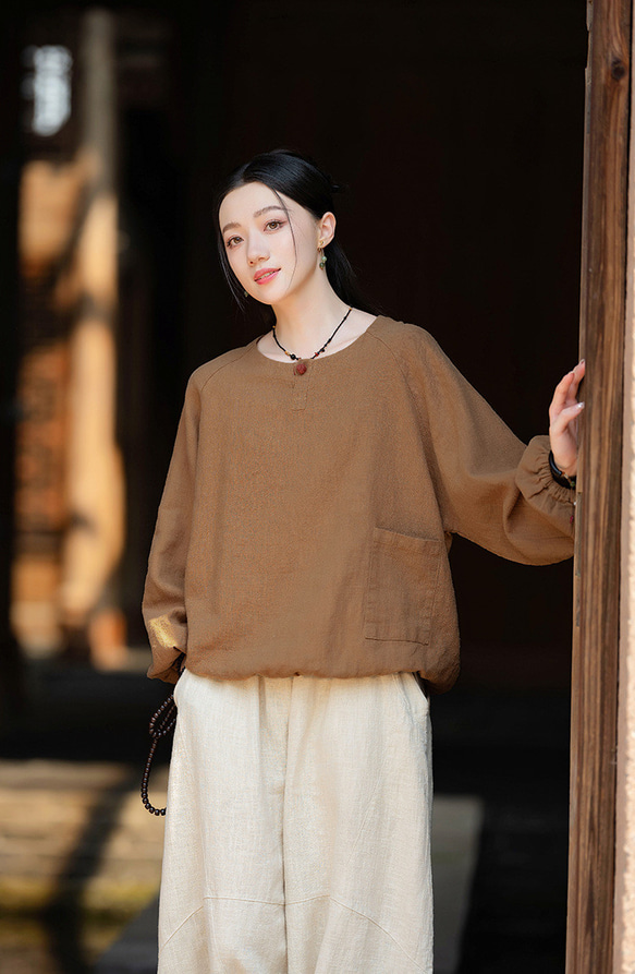 復古苧麻麻襯衫圓領T卹#brown 第2張的照片