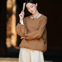 復古苧麻麻襯衫圓領T卹#brown 第7張的照片