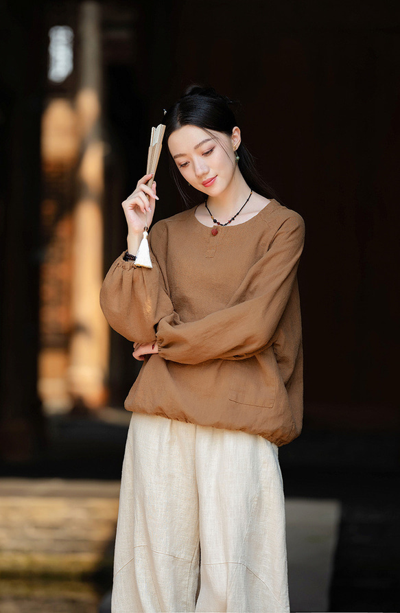 復古苧麻麻襯衫圓領T卹#brown 第7張的照片