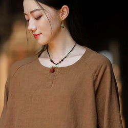 復古苧麻麻襯衫圓領T卹#brown 第9張的照片