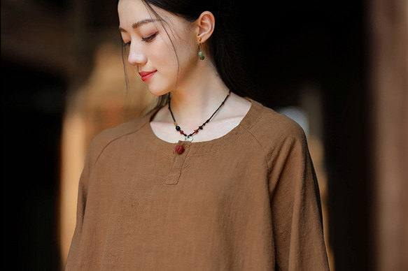 復古苧麻麻襯衫圓領T卹#brown 第9張的照片