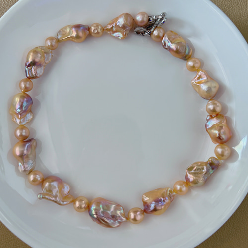 ハンドメイド 天然虹色 超大粒バロックパールネックレス カラー