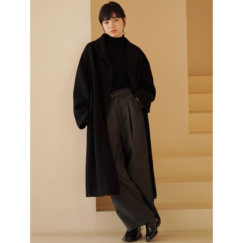 100%ウールロングコート　ウールツイード生地ロングコート　ブラック　S-M #609 30,200円