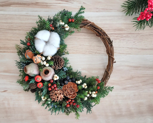 針葉樹とホワイトコットンのクリスマスリース☆冬リース 針葉樹のクリスマスリース／プリザーブドフラワークリスマス