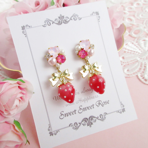 再販】Heart Bijou & Strawberry ～Pink～ イヤリング ピアス ハート
