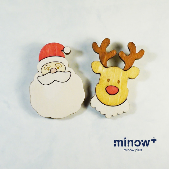 ☆セット割木製ブローチ「サンタ＆トナカイ」 ｜クリスマス