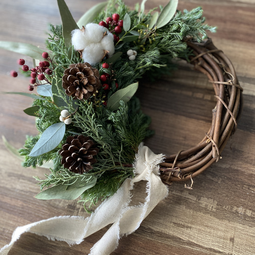 【終了】天然素材 クリスマス リース ハンドメイド 森の香り♪ 約28cm 終了】天然素材 クリスマス リース ハンドメイド 森の香り♪ 約28cm