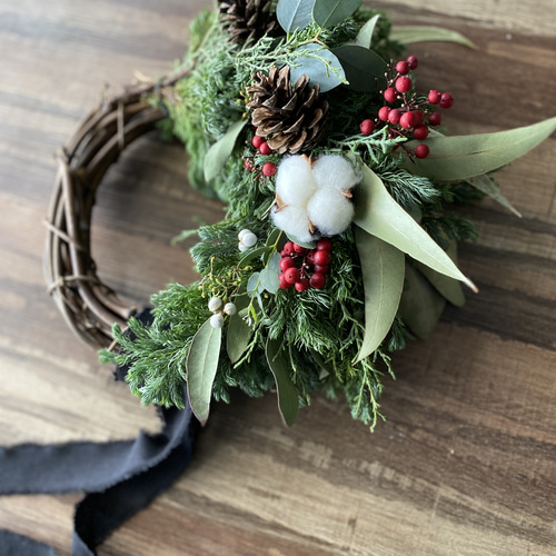 コットンリース ホワイトコットン×木の実 20cm 木の実とベリーの