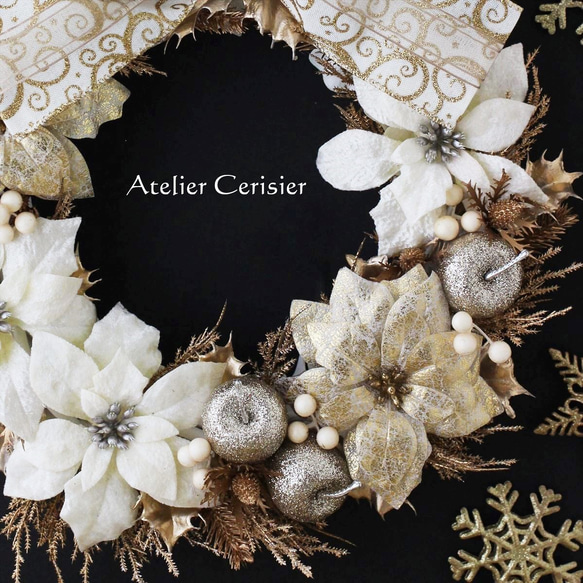 【早割】☆クリスマスリース  ポインセチア ホワイト＆ゴールド ＜アーティフィシャルフラワー＞#3 3枚目の画像