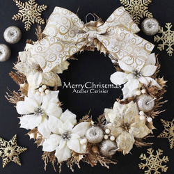 【早割】☆クリスマスリース  ポインセチア ホワイト＆ゴールド ＜アーティフィシャルフラワー＞#3 1枚目の画像