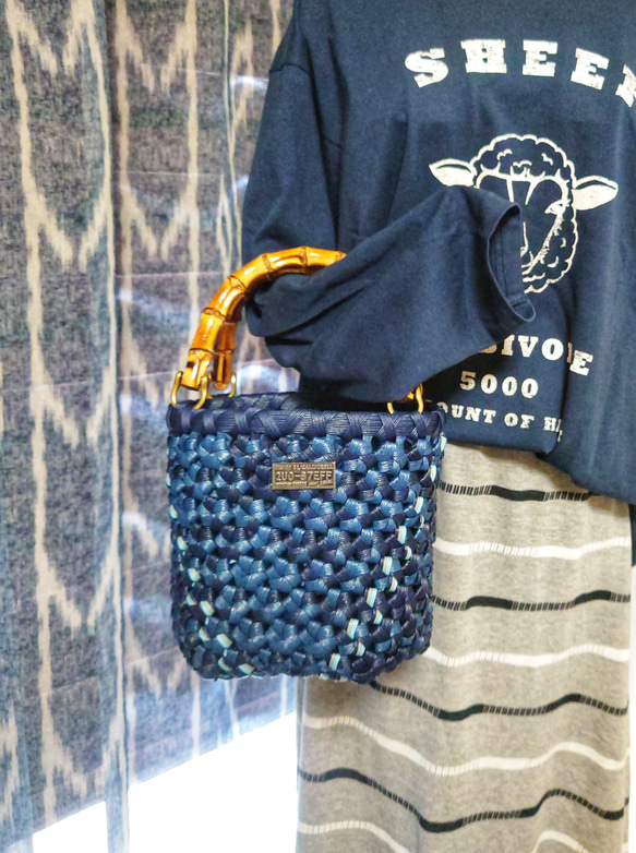 再)クラフトバンド＊かごバッグS/花結び✤ネイビーミックス かごバッグ