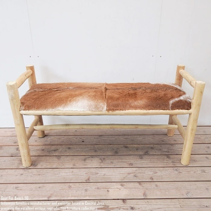 山羊毛皮 ベンチ 110cm ハラコ チェア 毛皮 天然素材 玄関 椅子 スツール ウッドスツール 腰掛 バリ家具