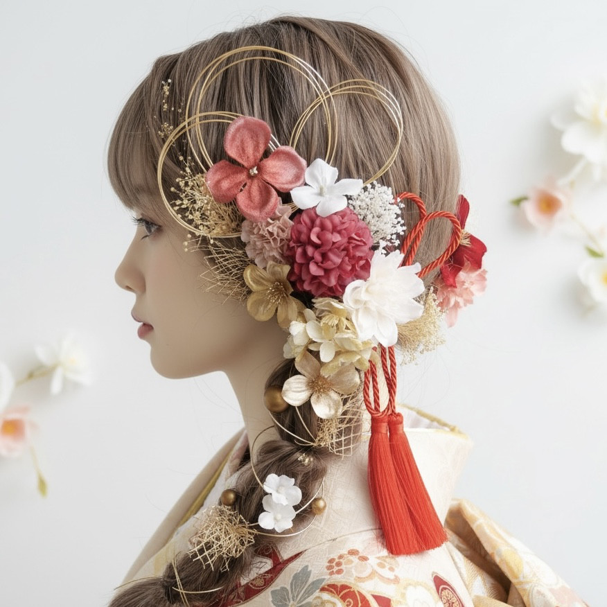A476 ドライフラワー　髪飾り　赤ピンク　成人式　前撮り　卒業式　結婚式