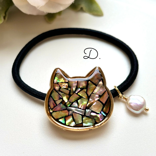 再販 レジン 淡水パール螺鈿細工風猫ちゃん ヘアゴム ヘアゴム Angel