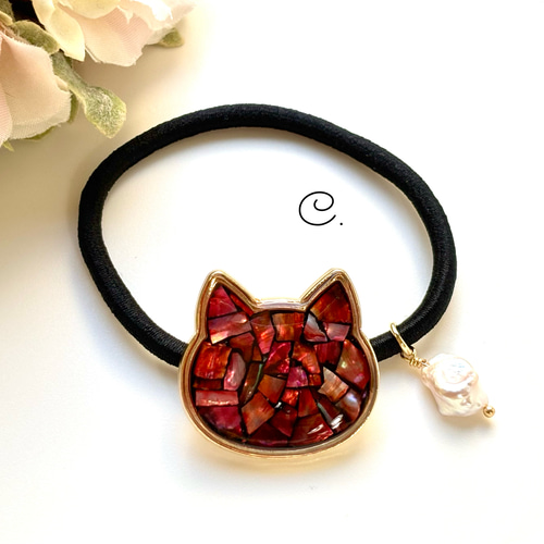 再販 レジン 淡水パール螺鈿細工風猫ちゃん ヘアゴム ヘアゴム