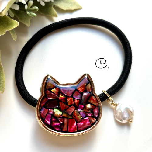 再販 レジン 淡水パール螺鈿細工風猫ちゃん ヘアゴム ヘアゴム Angel