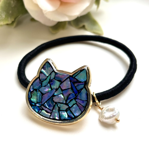❤️ ヘアゴム　レジン　猫　ねこ　パープル　　　　パール　ハンドメイド 再販 レジン 淡水パール螺鈿細工風猫ちゃん ヘアゴム ヘアゴム Angel