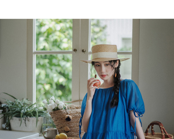 夏、青いワンピース、半袖、ゆったりした中長スカート、レディース 1枚目の画像