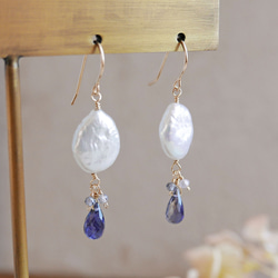 アイオライト、アクアマリン 小粒とチェーンの揺れるイヤーカフ 14kgf