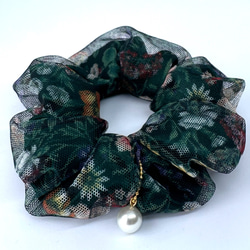 シュシュ＊小さめサイズ/カラフル花柄チュール/ワイン×ピンク/ライム