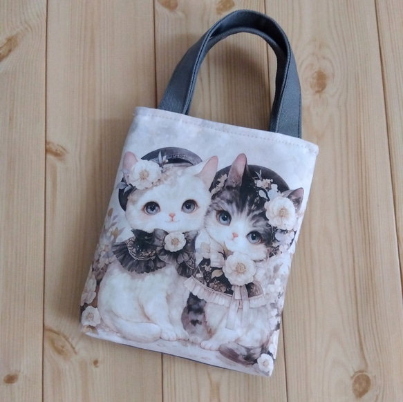 猫 パネル生地のミニミニトートバッグ グレー 870 トートバッグ