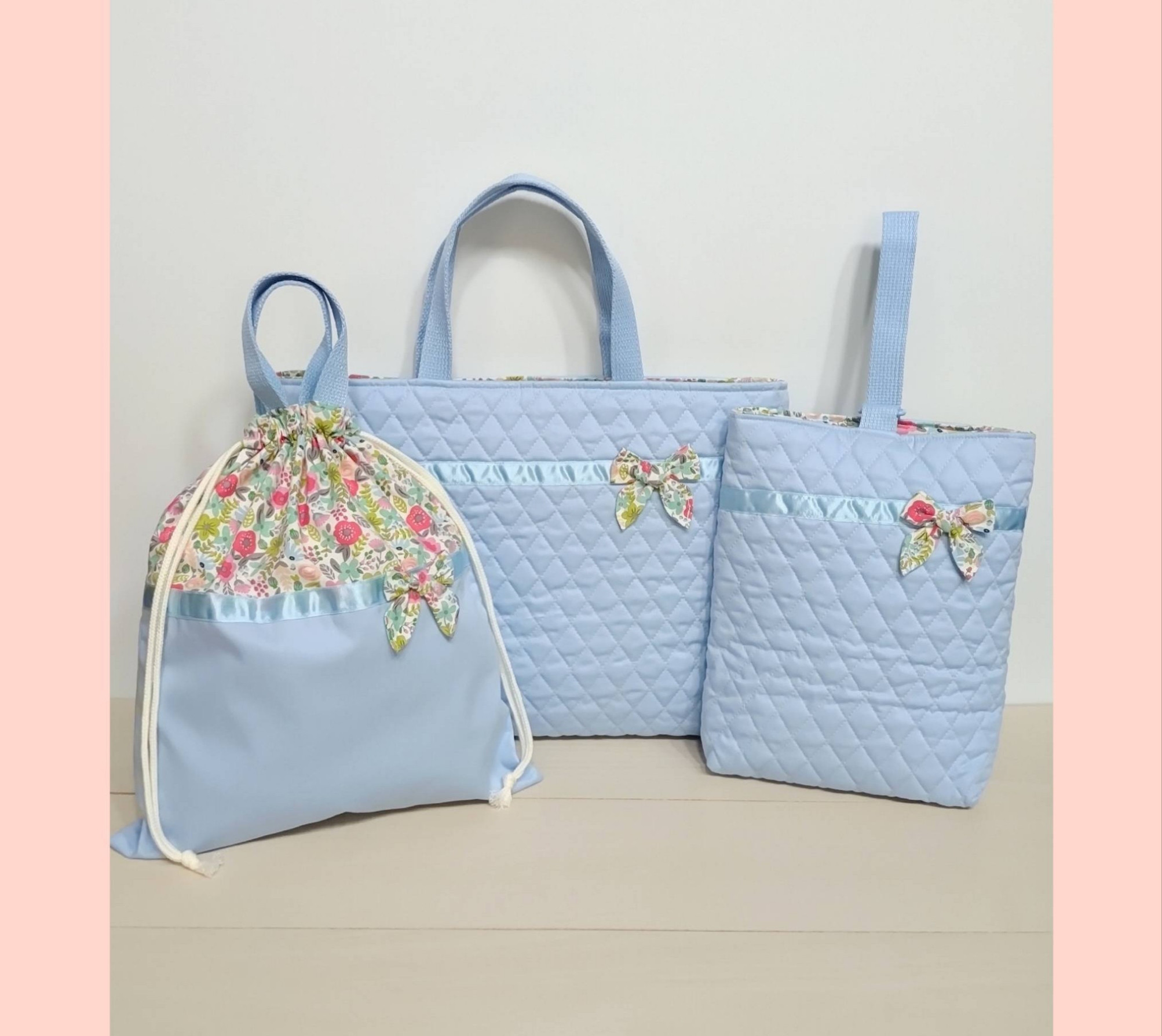 花柄選べる♪リボン付き♡入園入学3点セット(サックス)  キルティング 名入れテープ 5,767円