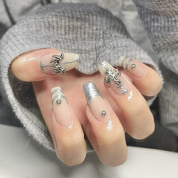 No.1 オーロラ×ワンホン×チーク 蝶々ネイル ネイルチップ（つけ爪